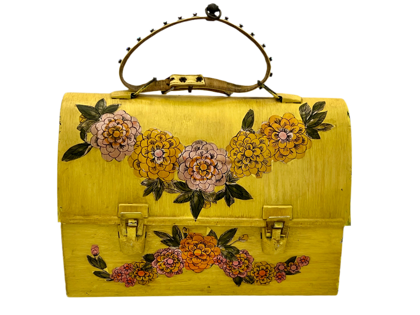 VINTAGE HAND-PAINTED METAL LUNCHBOX PURSE – YELLOW FLORAL DESIGN WITH RHINESTONE HANDLE – MIDCENTURY MOD WHIMSY
