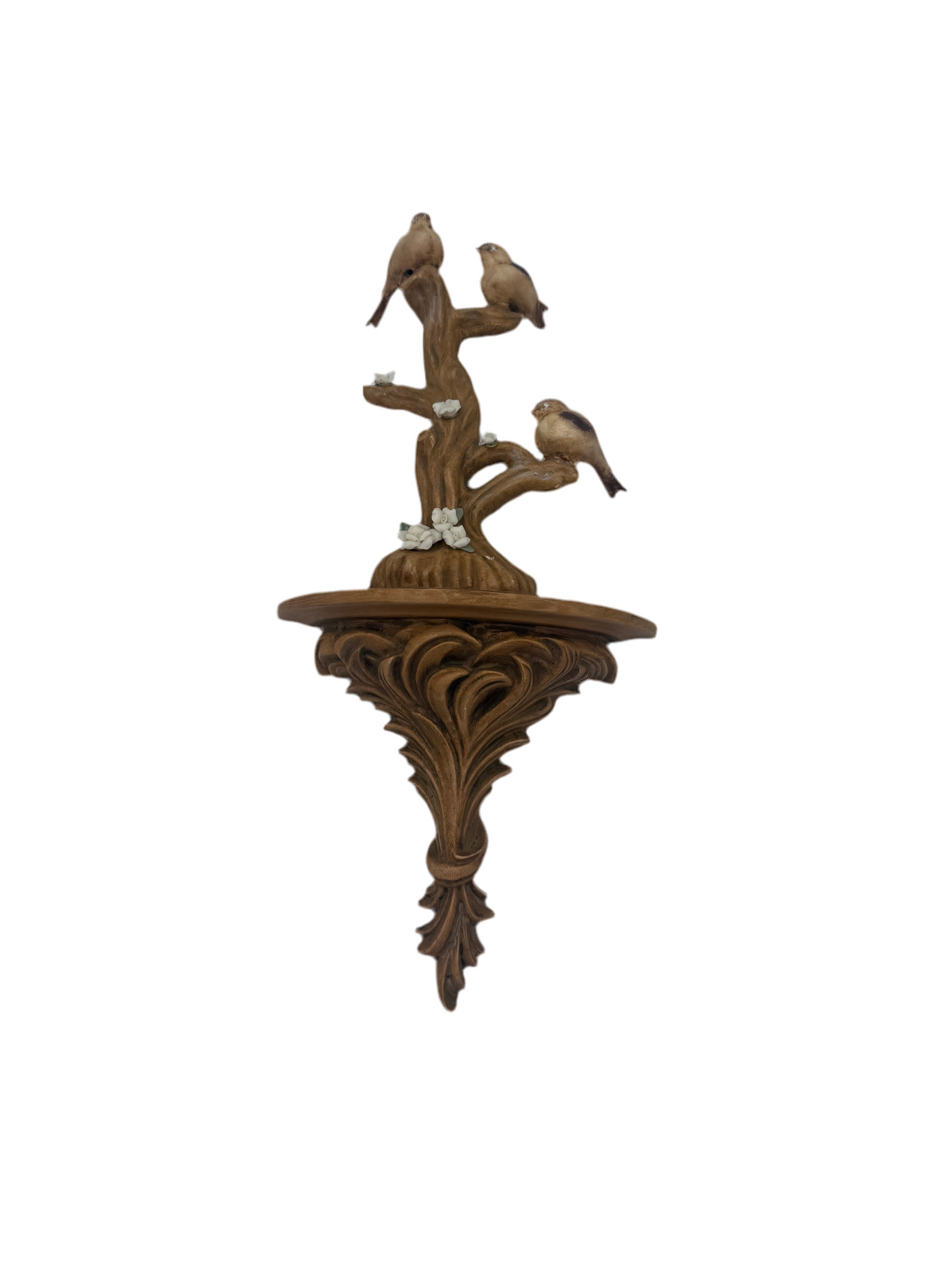 VINTAGE ARNER’S CERAMIC WALL SCULPTURE – THREE BIRDS ON TREE WITH FLOWERS – HOLLYWOOD REGENCY COTTAGECORE WALL ART
