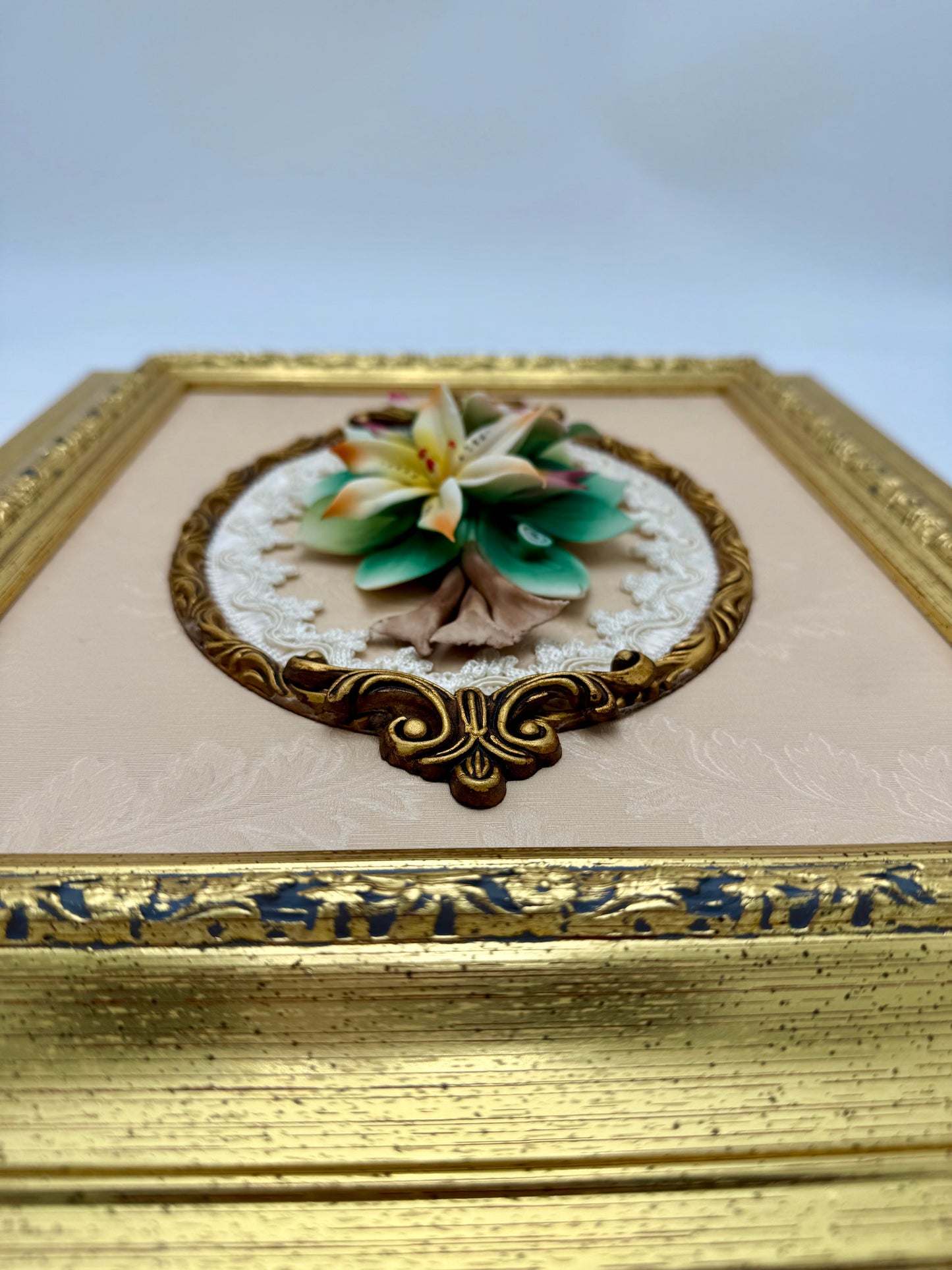 CREAZIONI ARTISTICHE DI CAPODIMONTE – VINTAGE ITALIAN PORCELAIN FLORAL WALL PLAQUES – GOLD GILT FRAMES – 16.5” × 14” – SET OF TWO