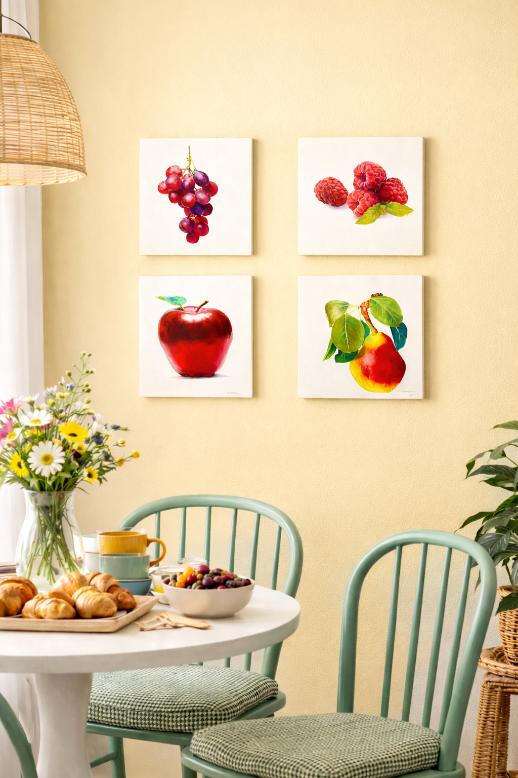 SIGNED ROSE HOHENBERGER (HOUSTON, TEXAS) FRUIT STILL LIFE PANEL SERIES — SET OF FOUR — 12"×12" DEEP-EDGE WOOD PANELS