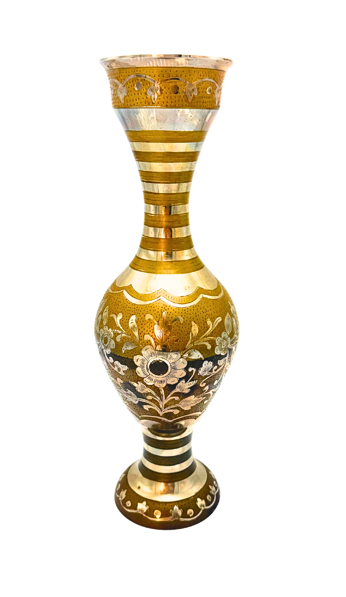 INDIAN BRASS AND SILVER INLAY VASE 15 INCH MID CENTURY GLOBAL DECOR