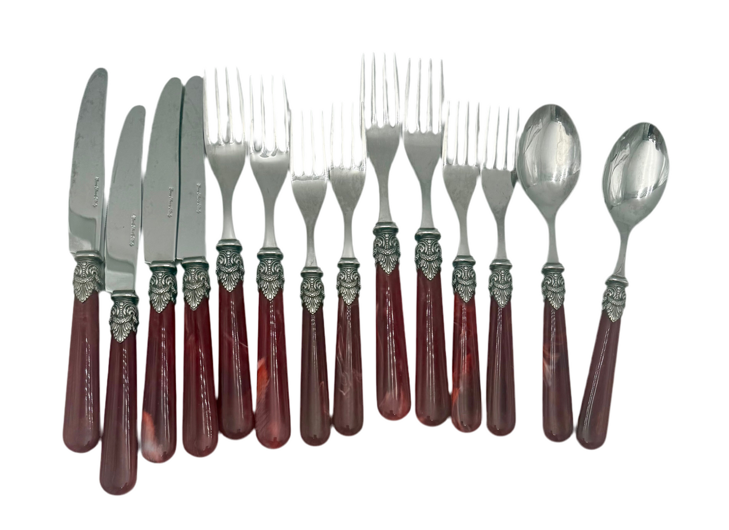 VINTAGE EME ZINOX ITALY DINNER FORK – BURGUNDY LUCITE HANDLE WITH ORNATE SILVER DETAIL – ITALIAN LUXURY FLATWARE