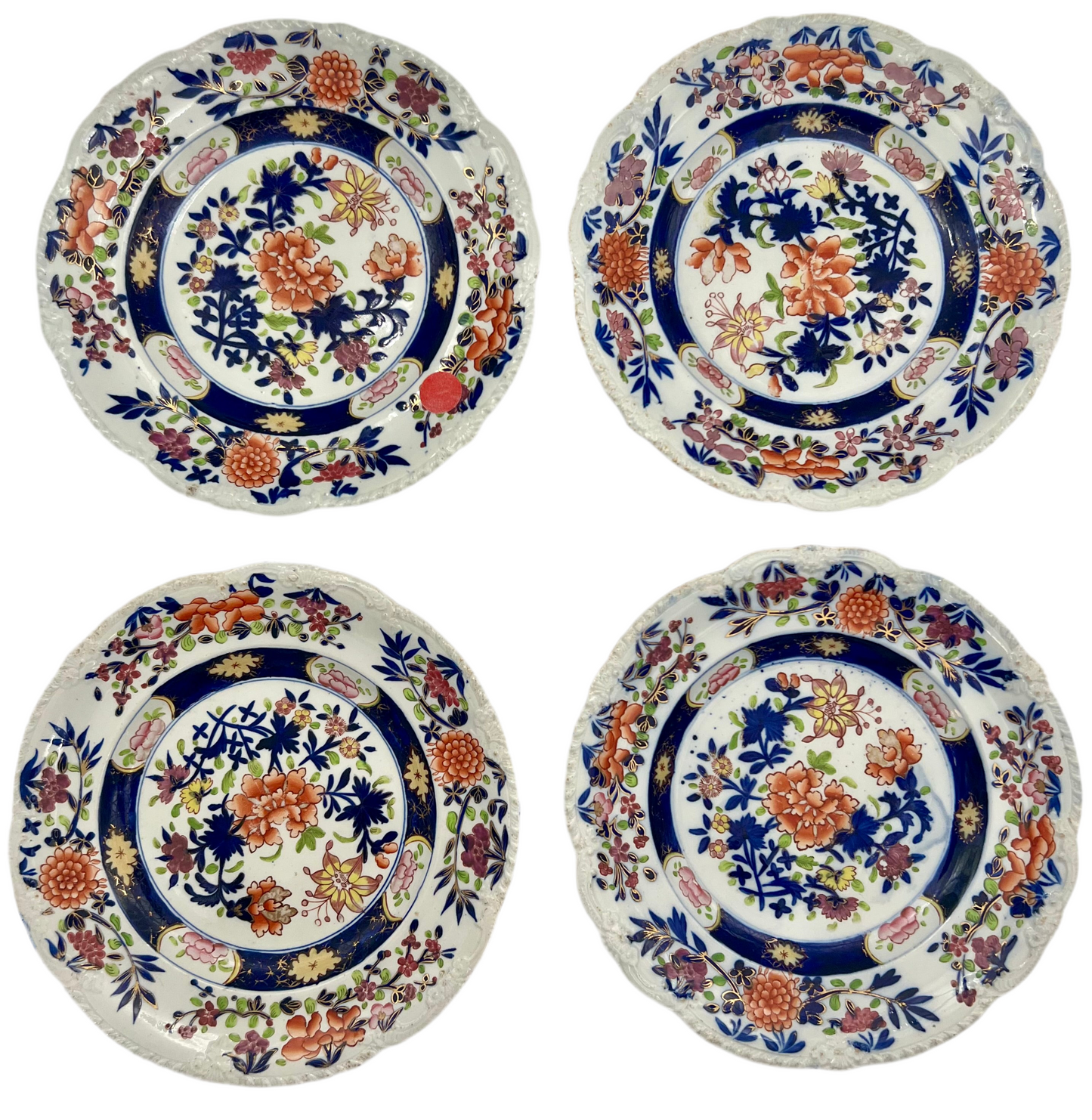 ANTIQUE MASON’S IRONSTONE IMARI STYLE HAND PAINTED DESSERT PLATES – SET OF 4 – REGENCY ERA ENGLISH CHINA – CIRCA 1815–1835