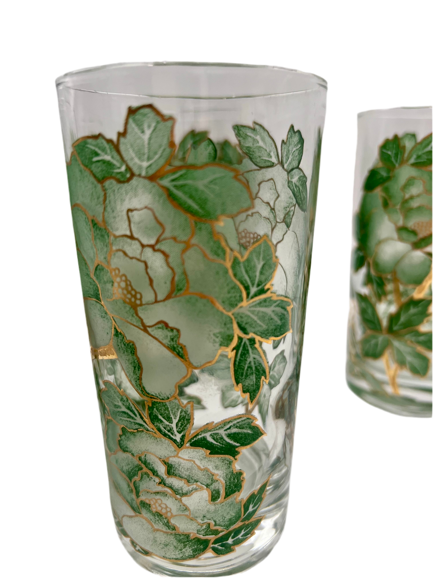 VINTAGE HAZEL ATLAS GREEN AND GOLD FLORAL GLASSES, SET OF 6