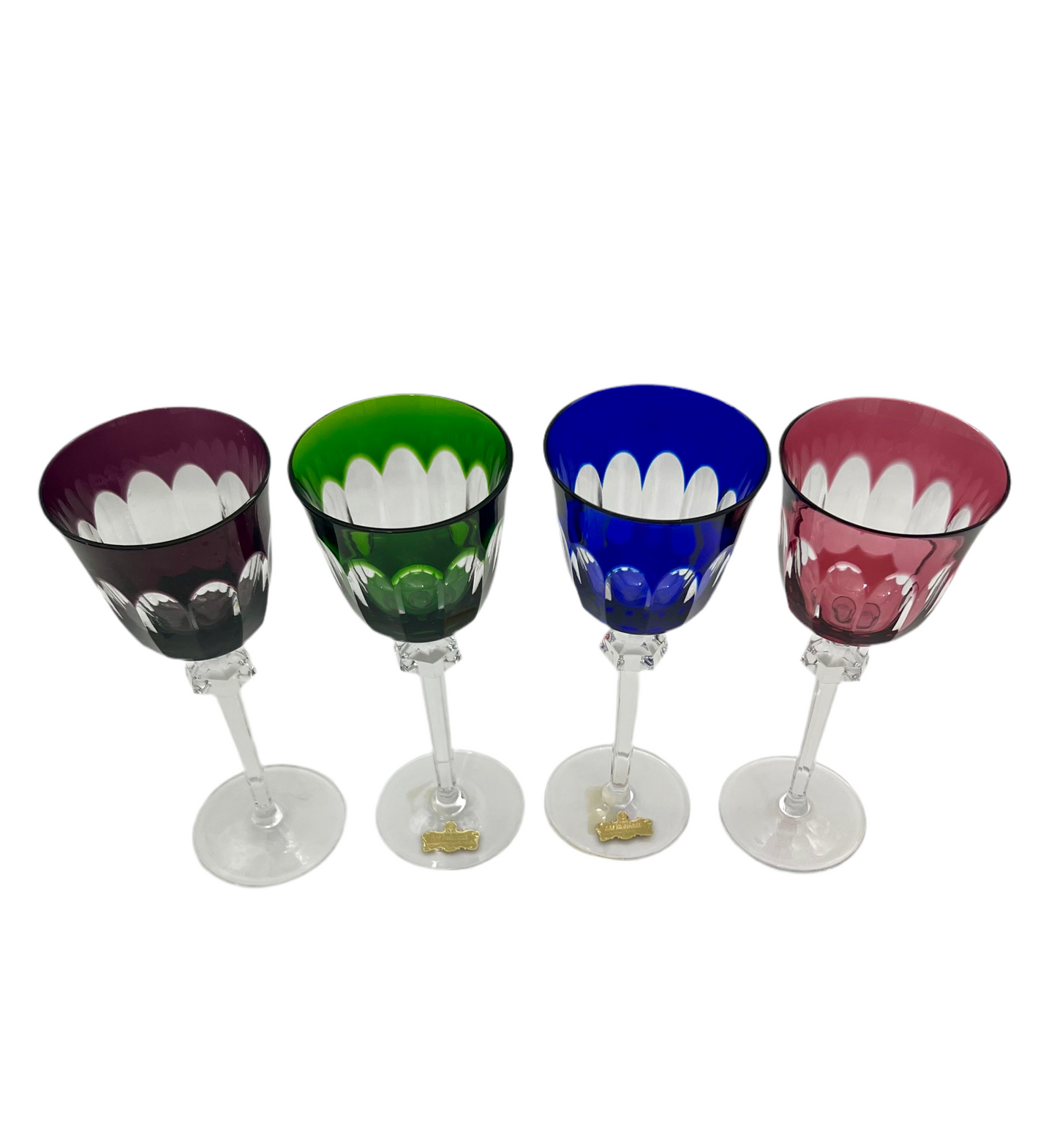 SET OF 4 GERMAN CUT TO CLEAR LEAD CRYSTAL HOCK WINE GLASSES – MULTICOLOR, MOUTH-BLOWN HAND-CUT, MINT WITH LABELS