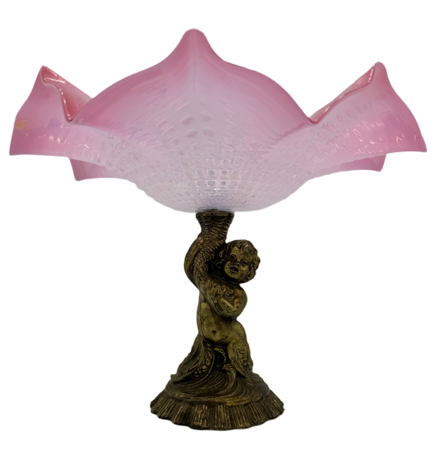 ANTIQUE CRANBERRY ART GLASS COMPOTE WITH CHERUB BASE – VICTORIAN RUFFLED EDGE BOWL – 9” TALL × 11.5” DIAMETER – CIRCA 1890–1910