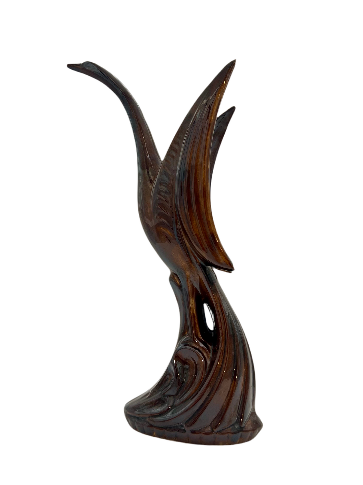 VINTAGE MID-CENTURY ROYAL HAEGER STYLE CERAMIC BIRD SCULPTURE – 17” TALL – GLOSS ESPRESSO OXBLOOD GLAZE – LARGE MCM DECOR