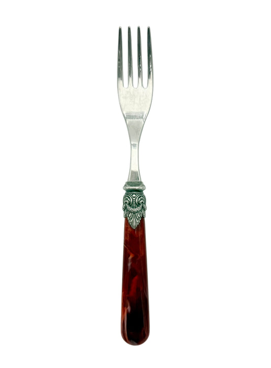 VINTAGE EME ZINOX ITALY DINNER FORK – BURGUNDY LUCITE HANDLE WITH ORNATE SILVER DETAIL – ITALIAN LUXURY FLATWARE