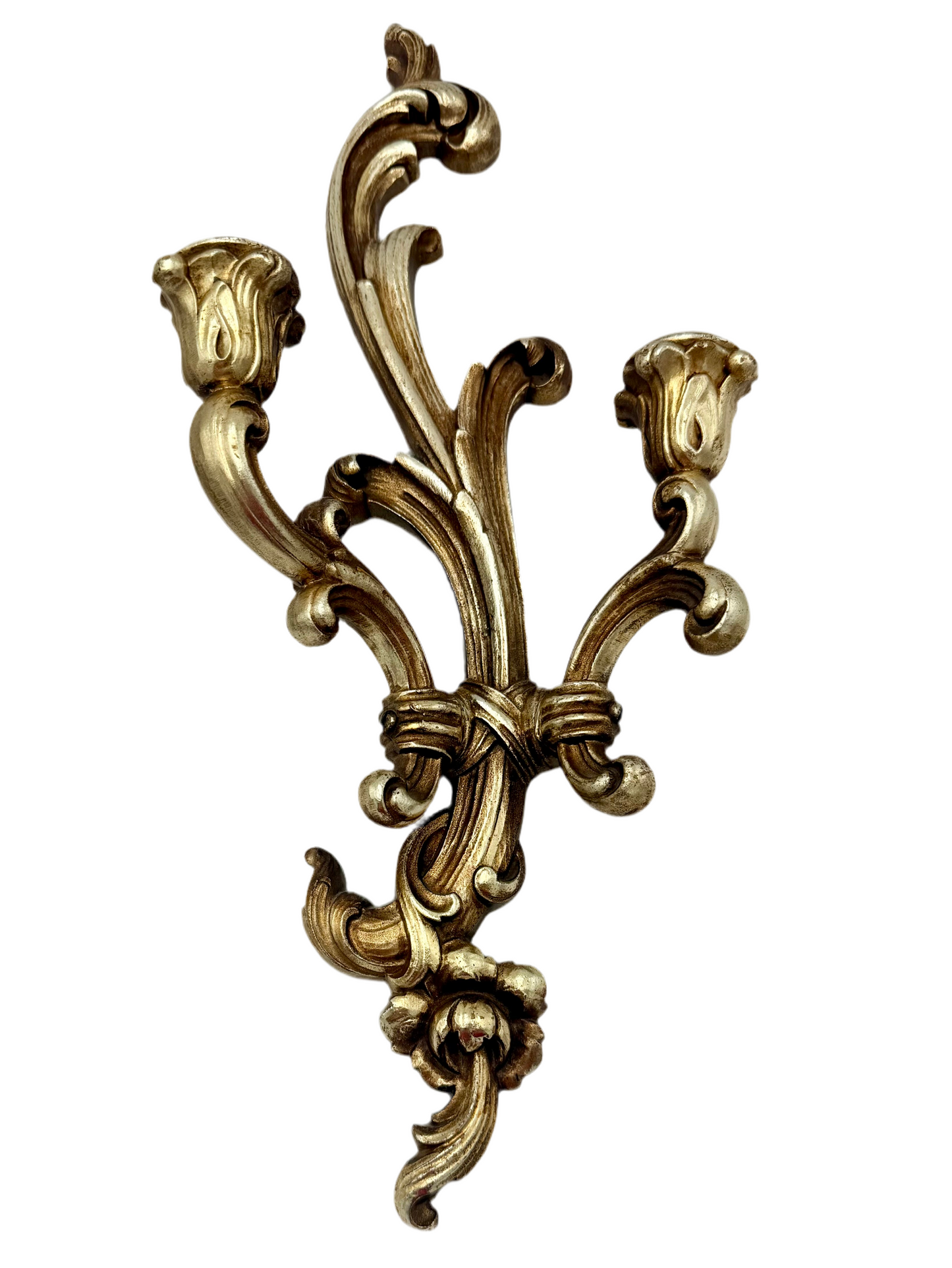 PAIR OF VINTAGE SYROCO WOOD GOLD ROCOCO CANDLE SCONCES – HOLLYWOOD REGENCY WALL DECOR