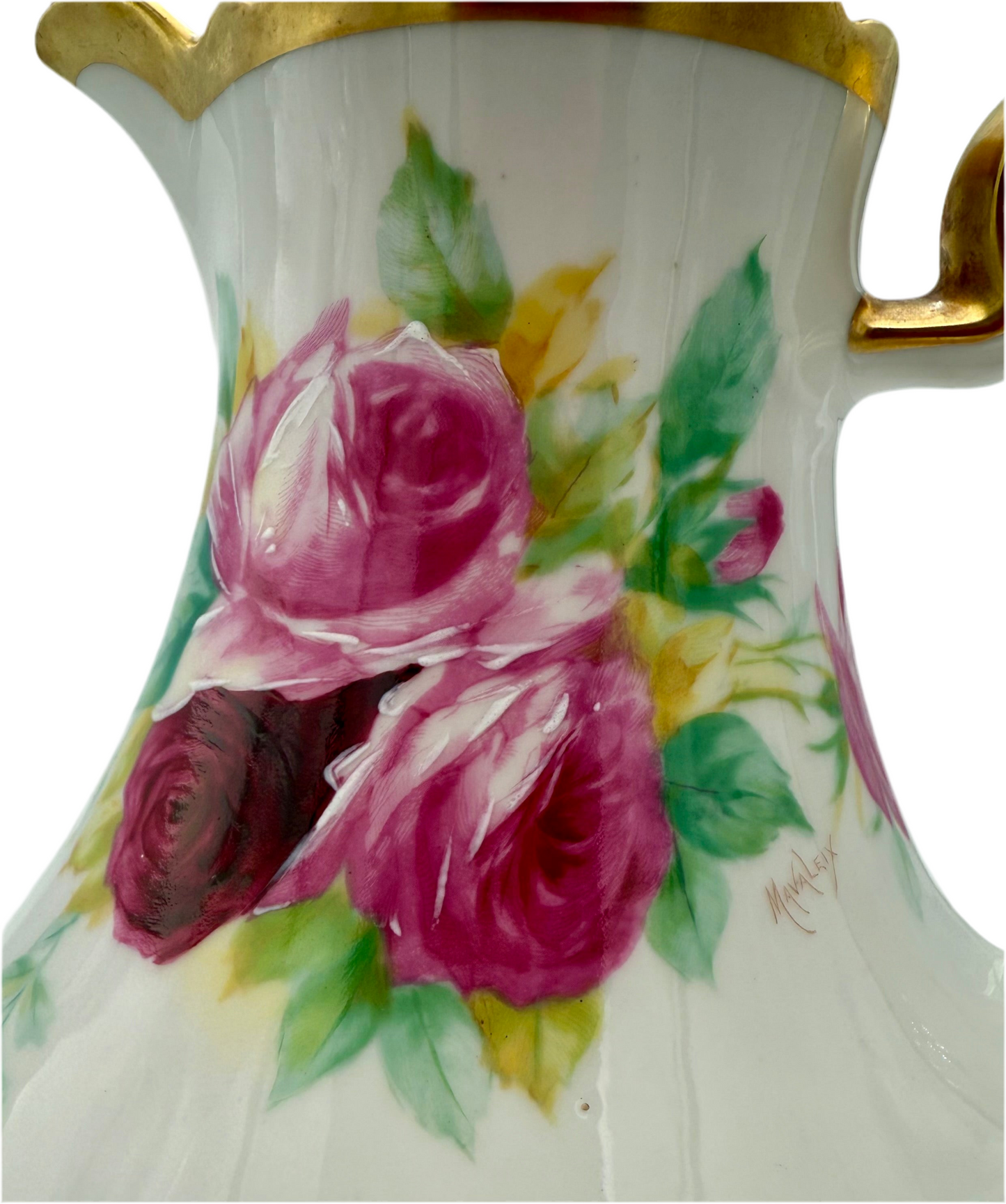 ANTIQUE LIMOGES “CORONET” HAND-PAINTED CHOCOLATE POT – SIGNED MAVALEIX – PINK ROSES & GOLD TRIM – ART NOUVEAU ERA FRANCE c.1906–1920