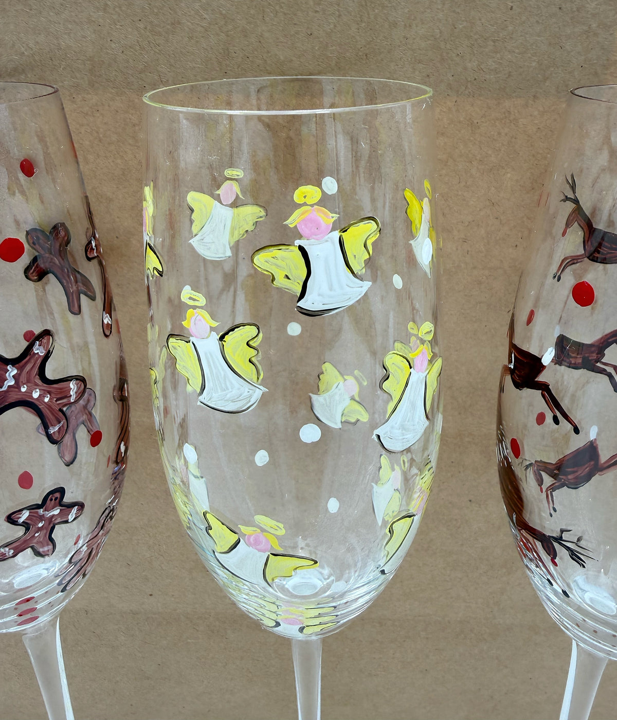 Hand Painted Christmas Champagne Flutes Set of 4, Vintage Holiday Glasses, Angels Reindeer Gingerbread Stars, Whimsical Stemware