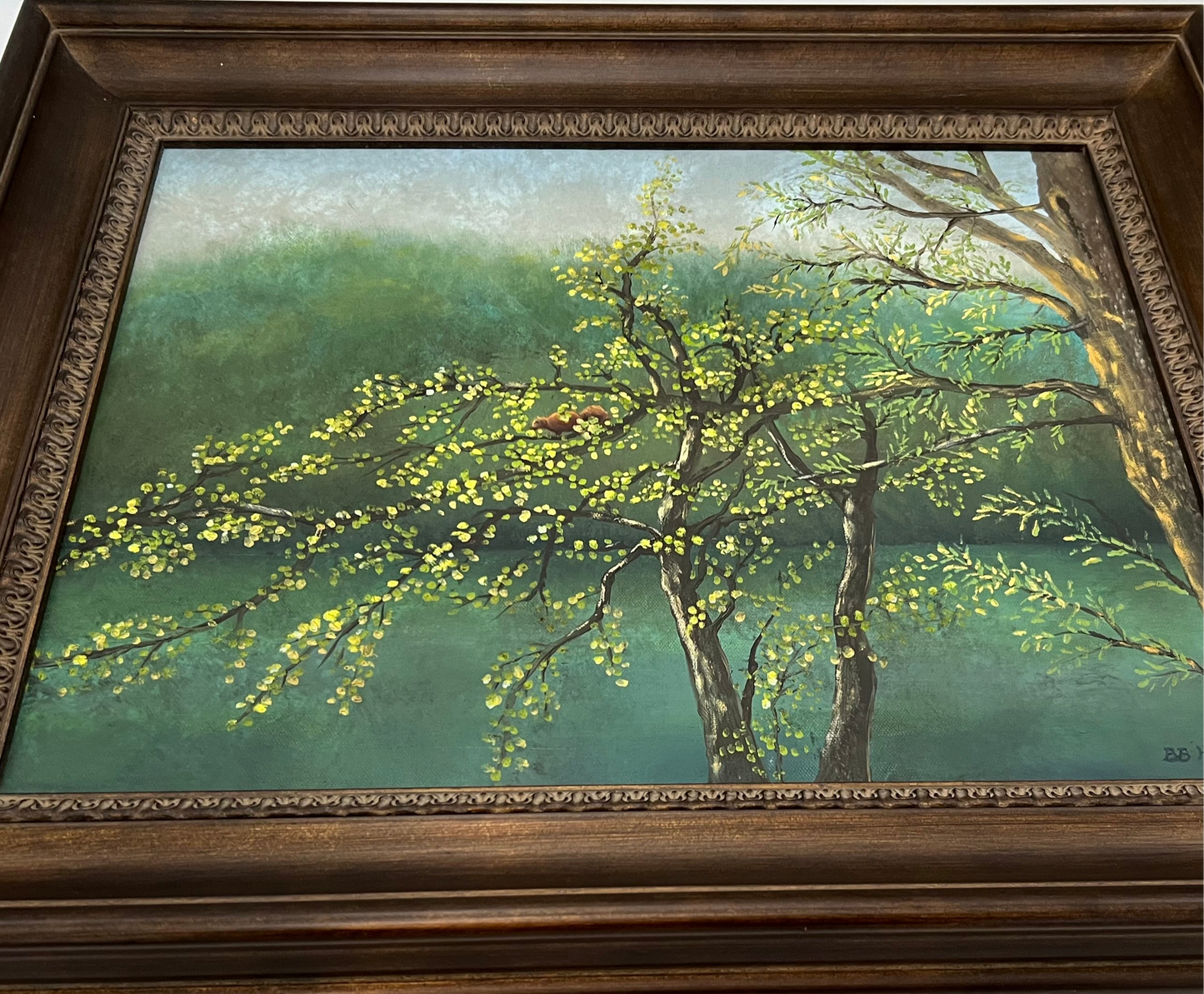 ORIGINAL ACRYLIC PAINTING BY B.B. HAYS – WOODLAND SQUIRREL IN SPRING TREE – VINTAGE 1990S NATURE LANDSCAPE ART IN CARVED WOOD FRAME