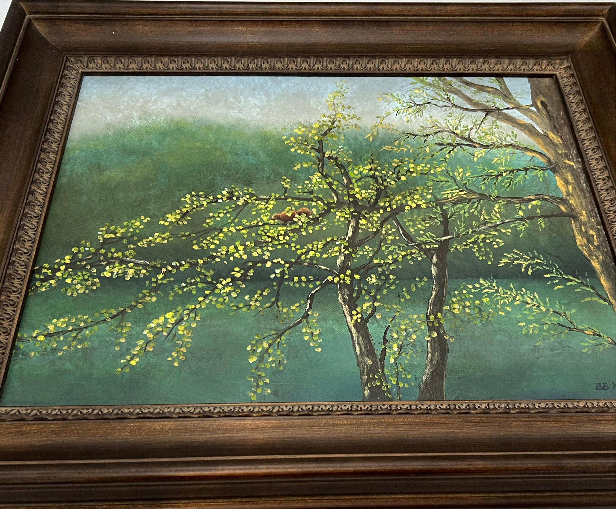 ORIGINAL ACRYLIC PAINTING BY B.B. HAYS – WOODLAND SQUIRREL IN SPRING TREE – VINTAGE 1990S NATURE LANDSCAPE ART IN CARVED WOOD FRAME