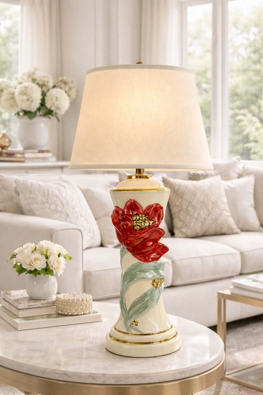 VINTAGE FLORAL CERAMIC LAMP – RED BLOOM WITH GOLDEN TOUCHES