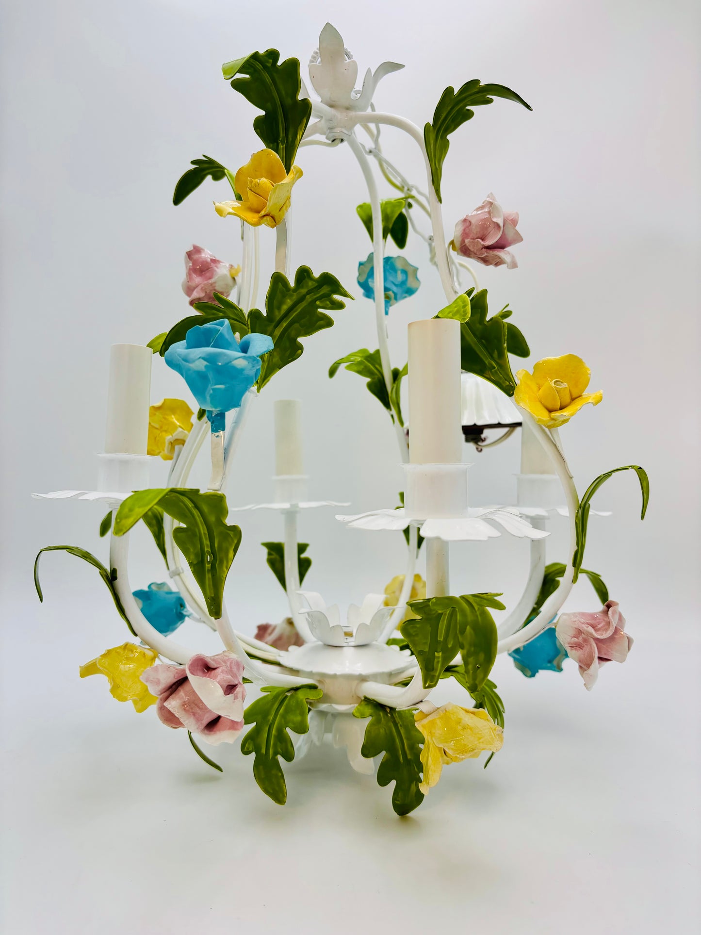VINTAGE ITALIAN TOLE FLORAL CHANDELIER – HAND PAINTED HOLLYWOOD REGENCY EUROPEAN GARDEN LIGHTING