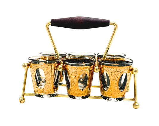 VINTAGE CULVER ANTIQUA GOLD CRACKLE SHOT GLASS SET WITH BRASS CADDY 1960S HOLLYWOOD REGENCY EMERALD GREEN BARWARE