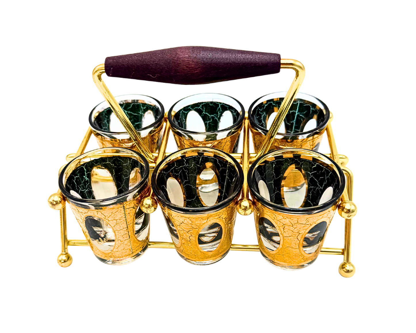 VINTAGE CULVER ANTIQUA GOLD CRACKLE SHOT GLASS SET WITH BRASS CADDY 1960S HOLLYWOOD REGENCY EMERALD GREEN BARWARE