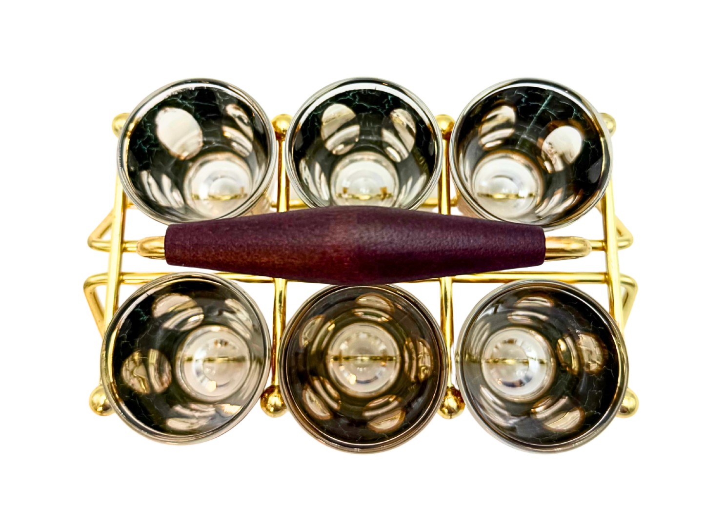 VINTAGE CULVER ANTIQUA GOLD CRACKLE SHOT GLASS SET WITH BRASS CADDY 1960S HOLLYWOOD REGENCY EMERALD GREEN BARWARE