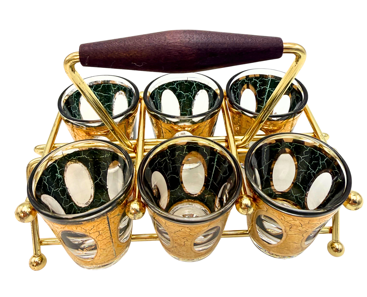 VINTAGE CULVER ANTIQUA GOLD CRACKLE SHOT GLASS SET WITH BRASS CADDY 1960S HOLLYWOOD REGENCY EMERALD GREEN BARWARE