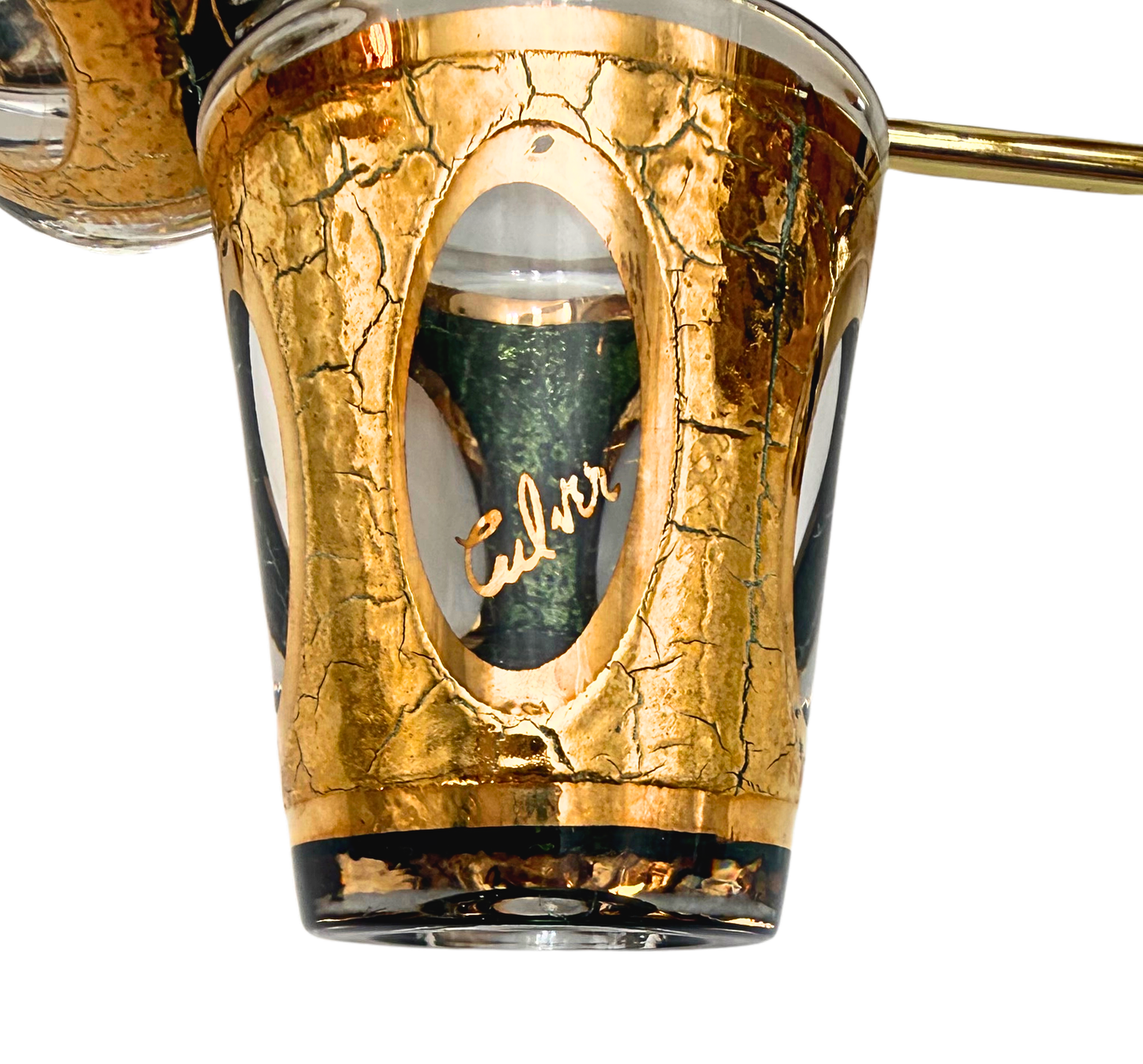 VINTAGE CULVER ANTIQUA GOLD CRACKLE SHOT GLASS SET WITH BRASS CADDY 1960S HOLLYWOOD REGENCY EMERALD GREEN BARWARE
