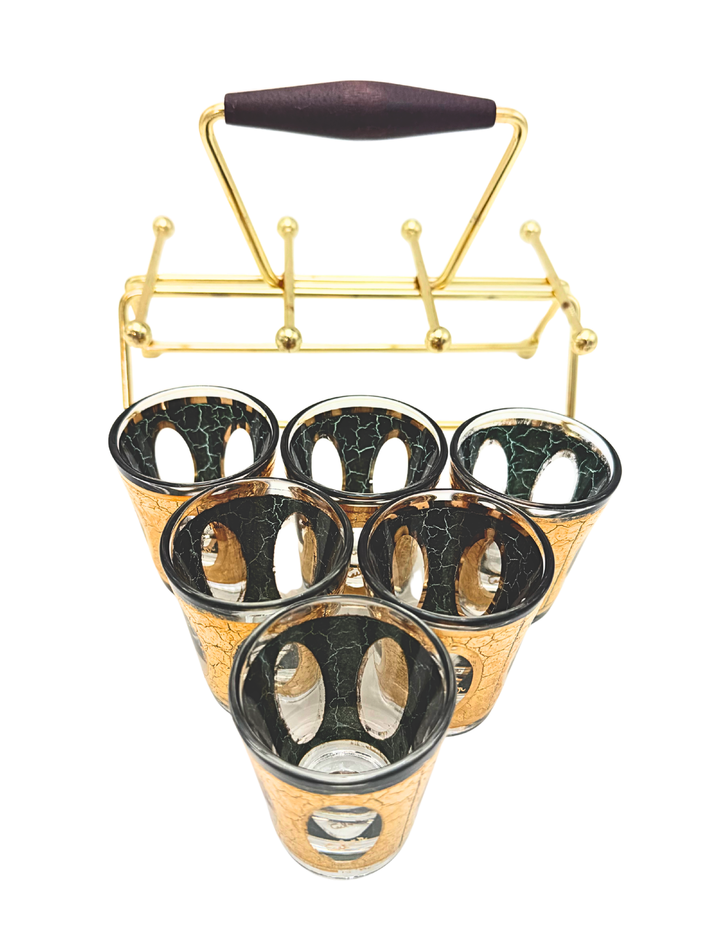 VINTAGE CULVER ANTIQUA GOLD CRACKLE SHOT GLASS SET WITH BRASS CADDY 1960S HOLLYWOOD REGENCY EMERALD GREEN BARWARE