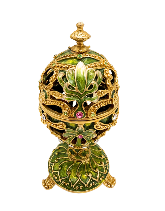 FH 1349 ELENA EGG JEWELED EMERALD GREEN FABERGE STYLE TRINKET BOX WITH ORIGINAL BOX