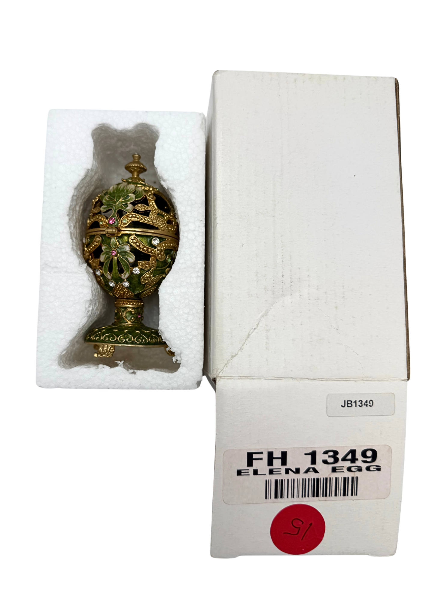 FH 1349 ELENA EGG JEWELED EMERALD GREEN FABERGE STYLE TRINKET BOX WITH ORIGINAL BOX