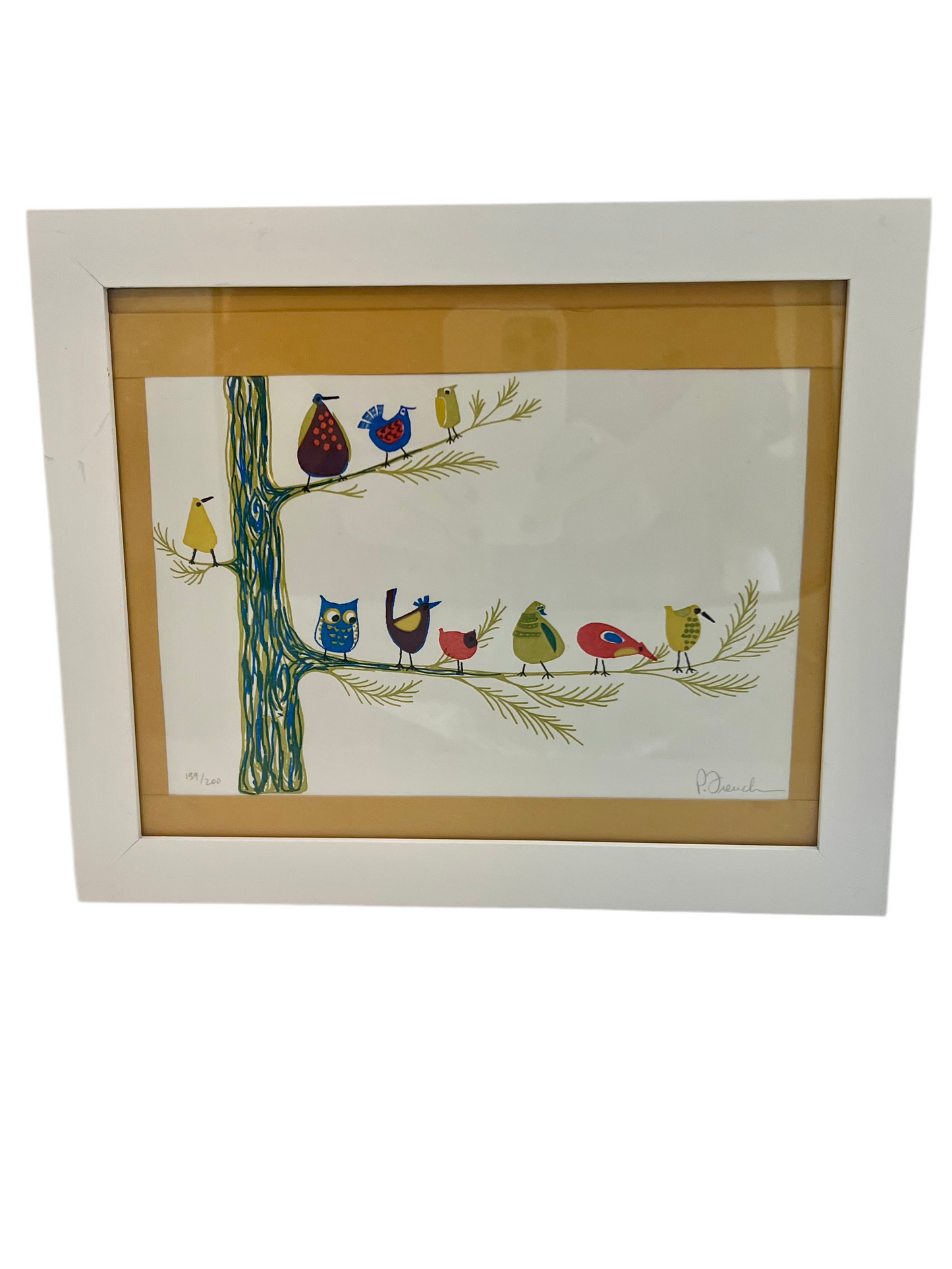 POLLY FRENCH LIMITED EDITION BIRD PRINT • 1970S WHIMSICAL ART • NUMBERED 139/200 • MID CENTURY STYLE • FRAMED WALL ART