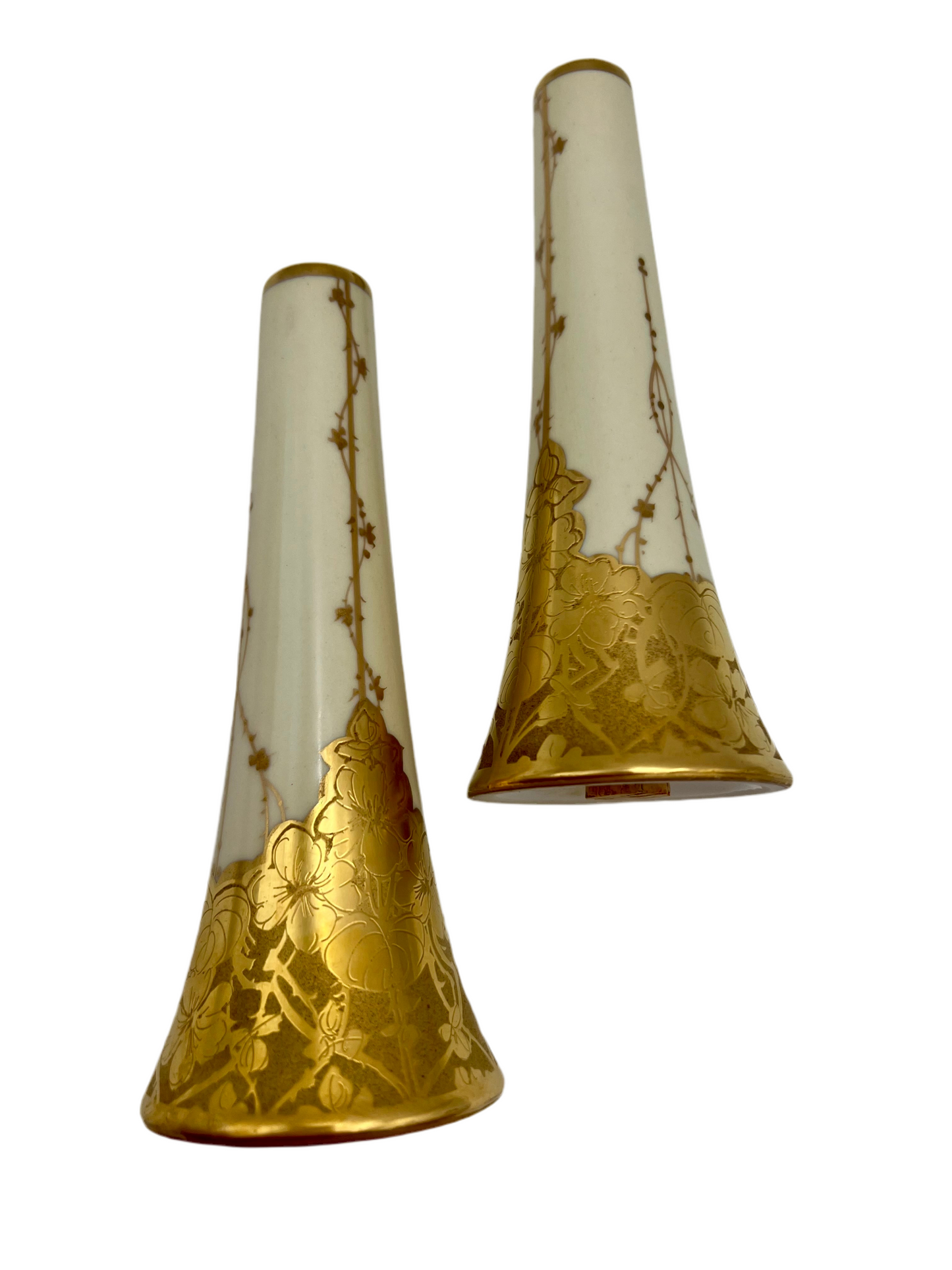 VINTAGE STEINER STUDIO LOS ANGELES 22K GOLD HAND DECORATED SALT & PEPPER SHAKERS – 6 ¼ INCH