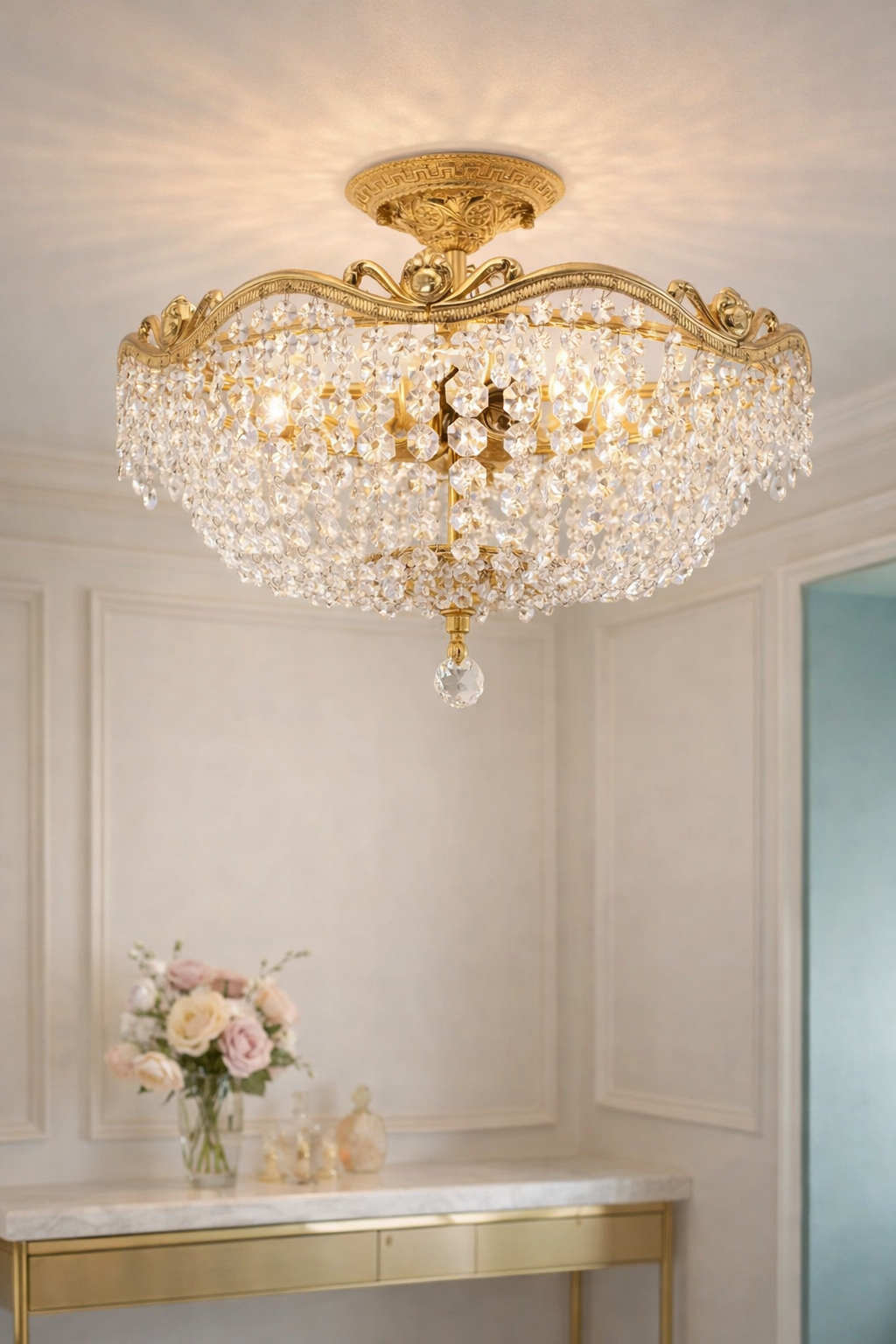 Vintage Hollywood Regency Crystal Flush Mount Chandelier Gilt Gold Ceiling Light Italian Basket Fixture Mid Century Glam Lighting 16.5 Inch
