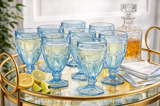 BLUE PRESSED GLASS GOBLETS SET OF 8 CIRCA 1970S RIVIERA STYLE PEDESTAL STEMWARE