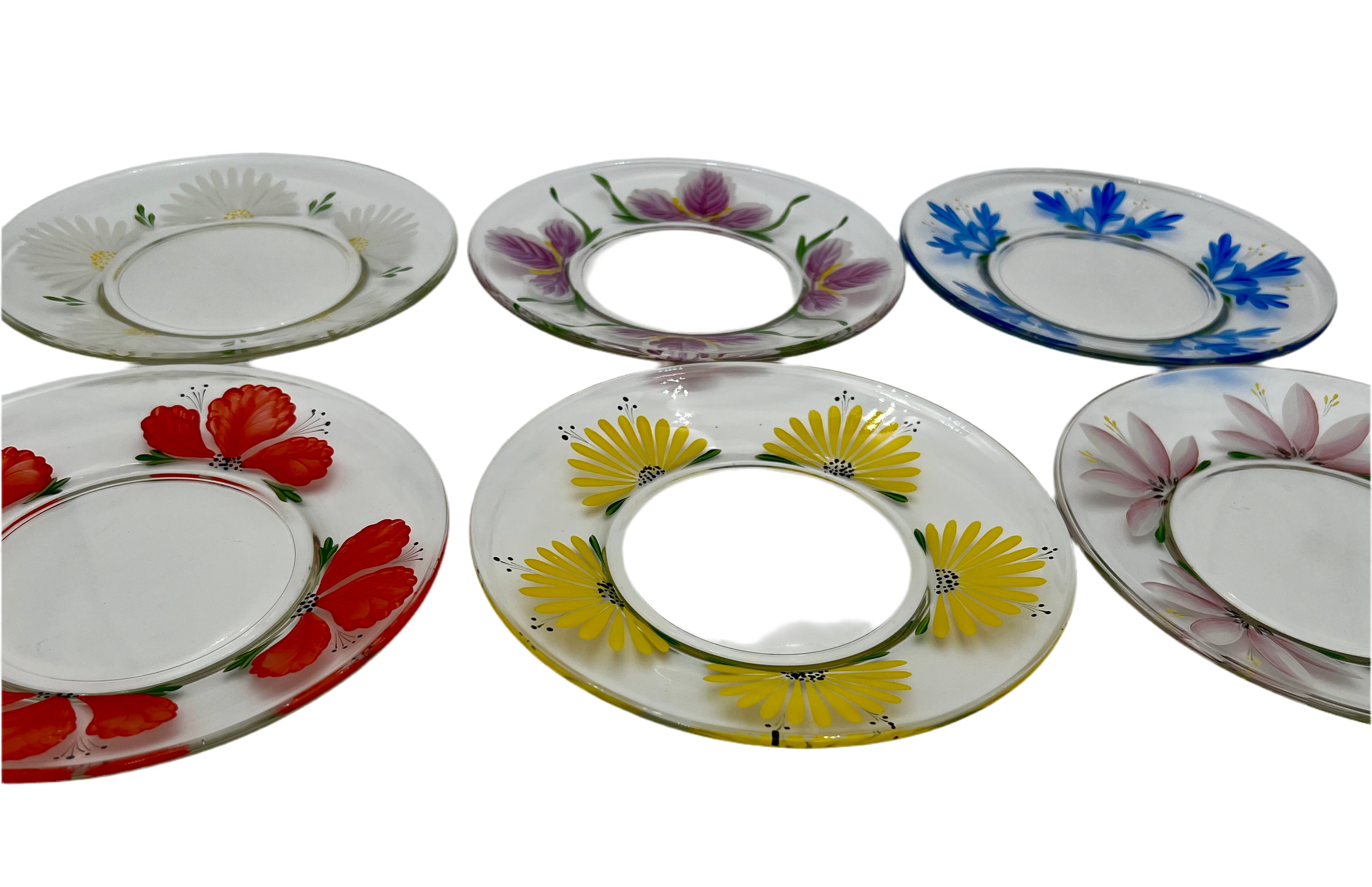 VINTAGE 1970s HAND-PAINTED FLORAL GLASS PLATE SET – MADE IN JAPAN – SET OF 6