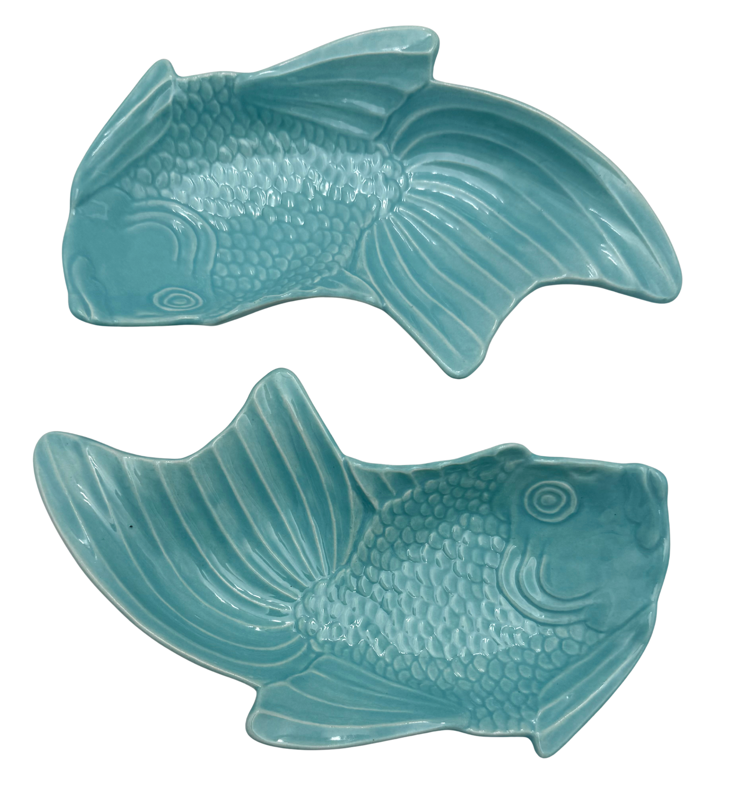 VINTAGE BELL OF CALIFORNIA TURQUOISE FISH SERVING DISHES SET OF 2 MID CENTURY COASTAL POTTERY