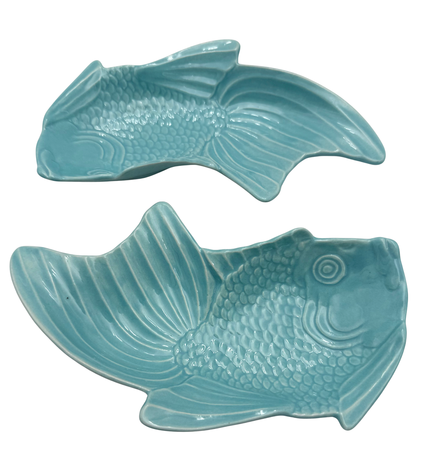 VINTAGE BELL OF CALIFORNIA TURQUOISE FISH SERVING DISHES SET OF 2 MID CENTURY COASTAL POTTERY
