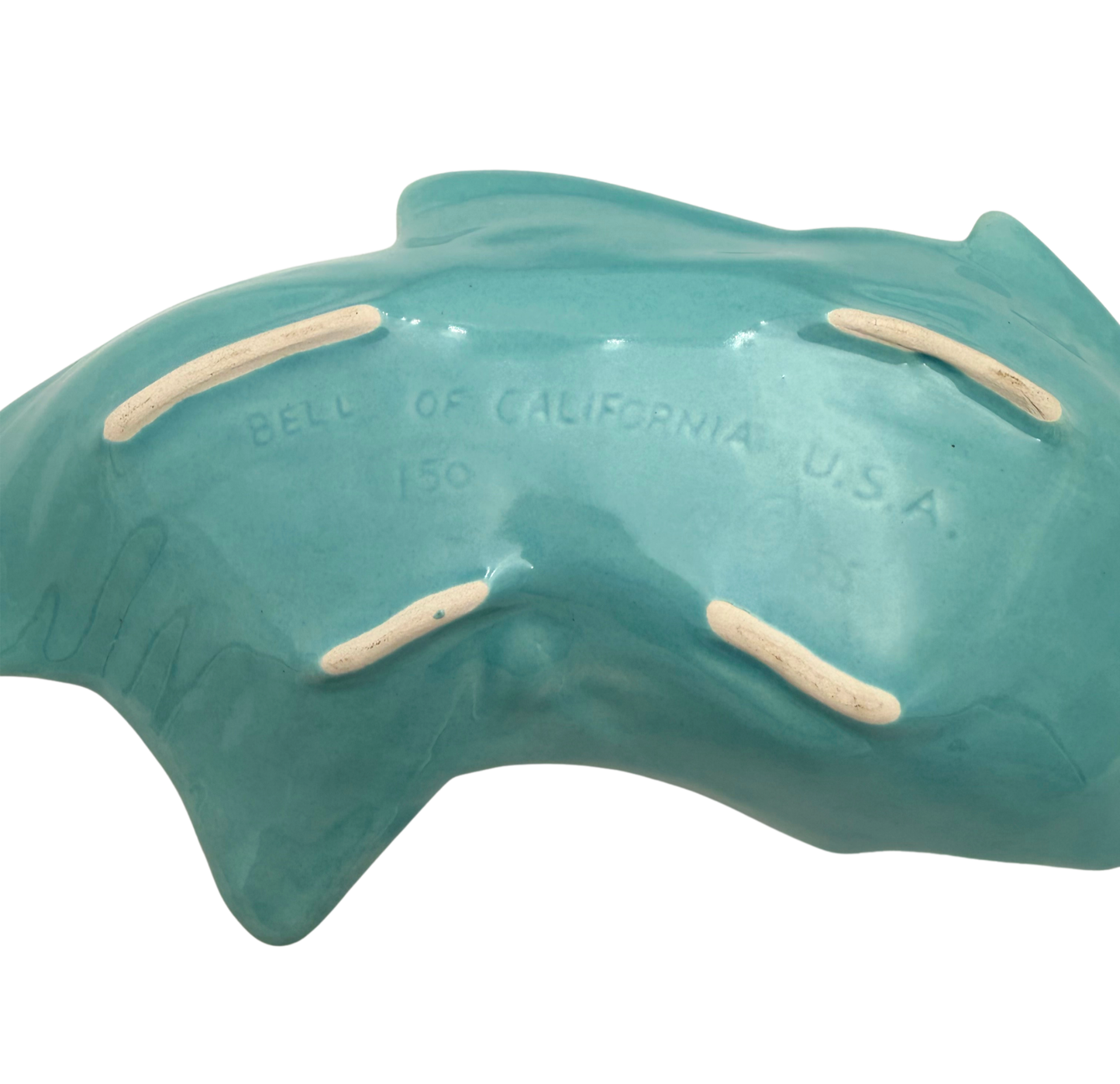 VINTAGE BELL OF CALIFORNIA TURQUOISE FISH SERVING DISHES SET OF 2 MID CENTURY COASTAL POTTERY