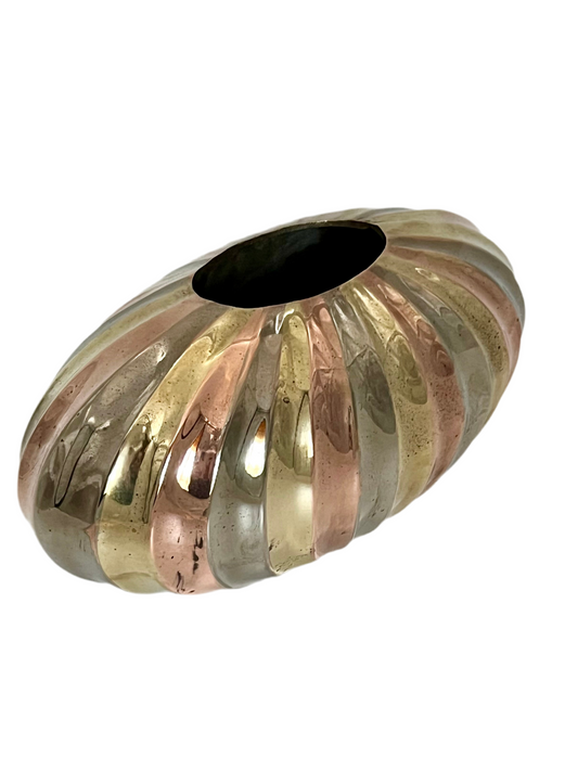 VINTAGE MIXED METAL RIBBED VASE – BRASS, COPPER & NICKEL SILVER – MEXICO, CIRCA 1970s