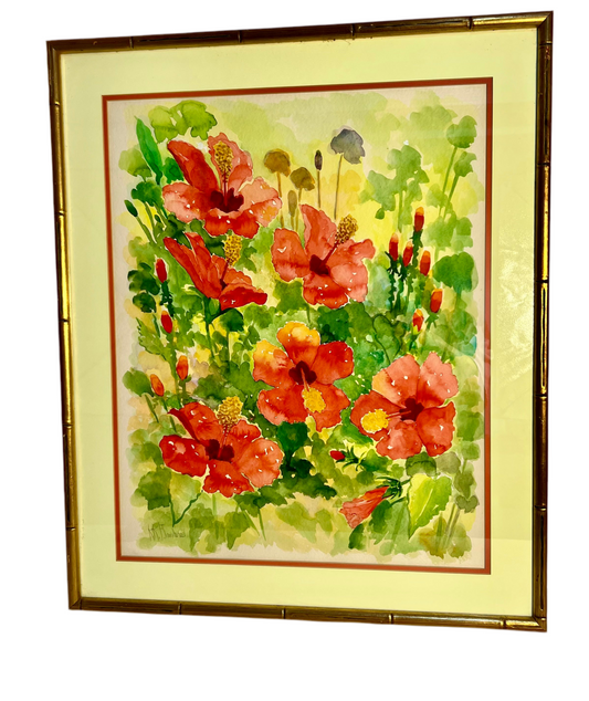 GOLD BAMBOO FRAMED ORIGINAL WATERCOLOR PAINTING BY K.K. FLANDERS, 1987