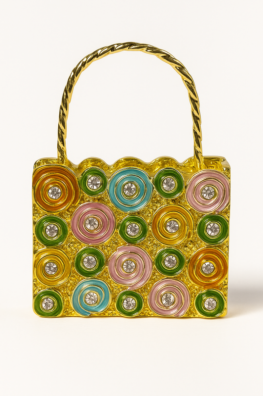 JEWELED ENAMEL HANDBAG TRINKET BOX — GOLD TONE, PASTEL RHINESTONES, MINI PURSE KEEPSAKE