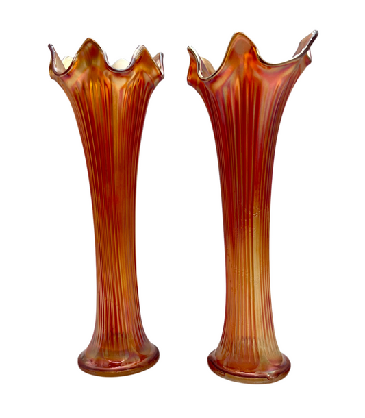 PAIR OF ANTIQUE FENTON CARNIVAL GLASS SWUNG VASES, CIRCA 1909-1928