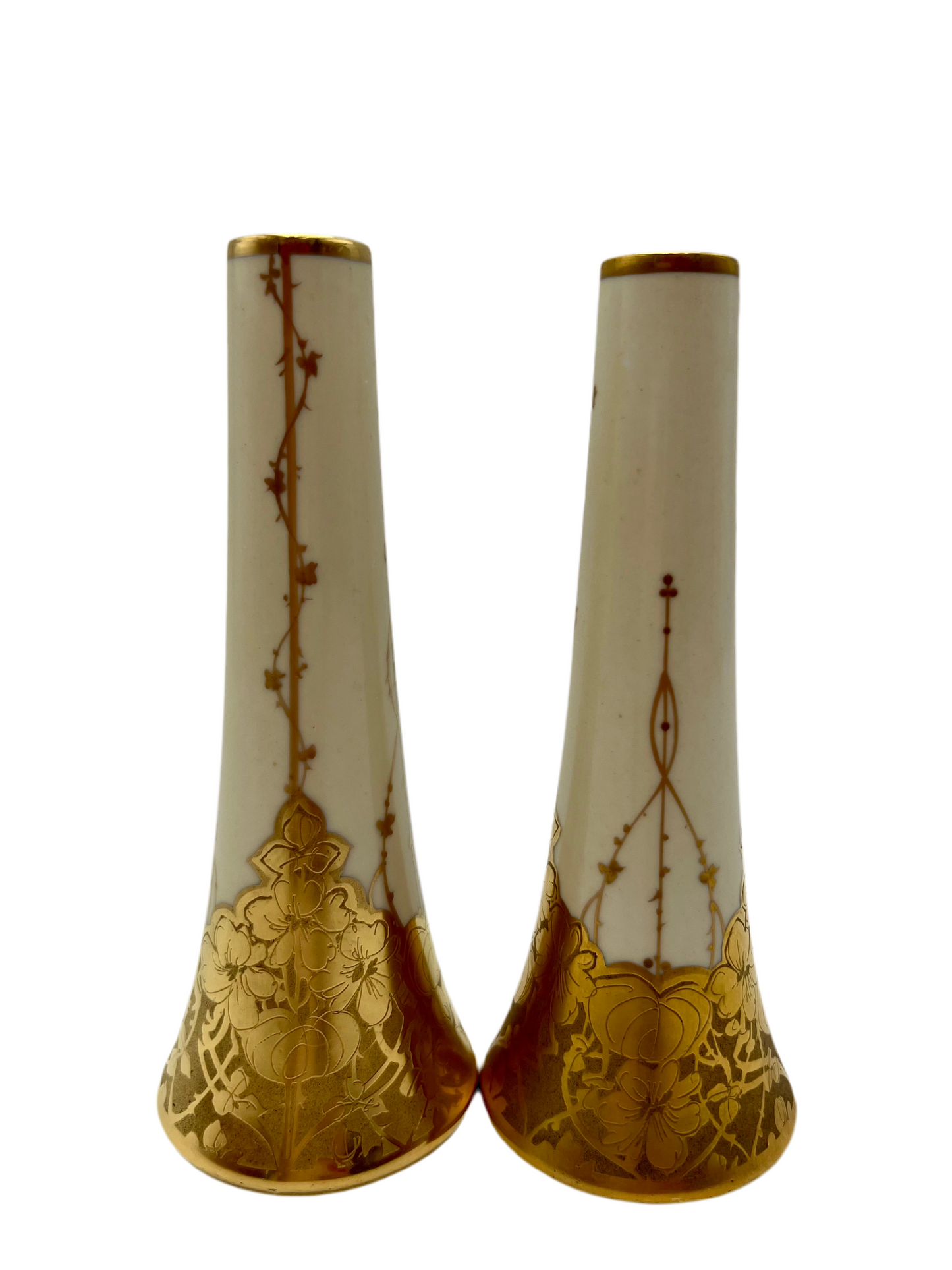 VINTAGE STEINER STUDIO LOS ANGELES 22K GOLD HAND DECORATED SALT & PEPPER SHAKERS – 6 ¼ INCH