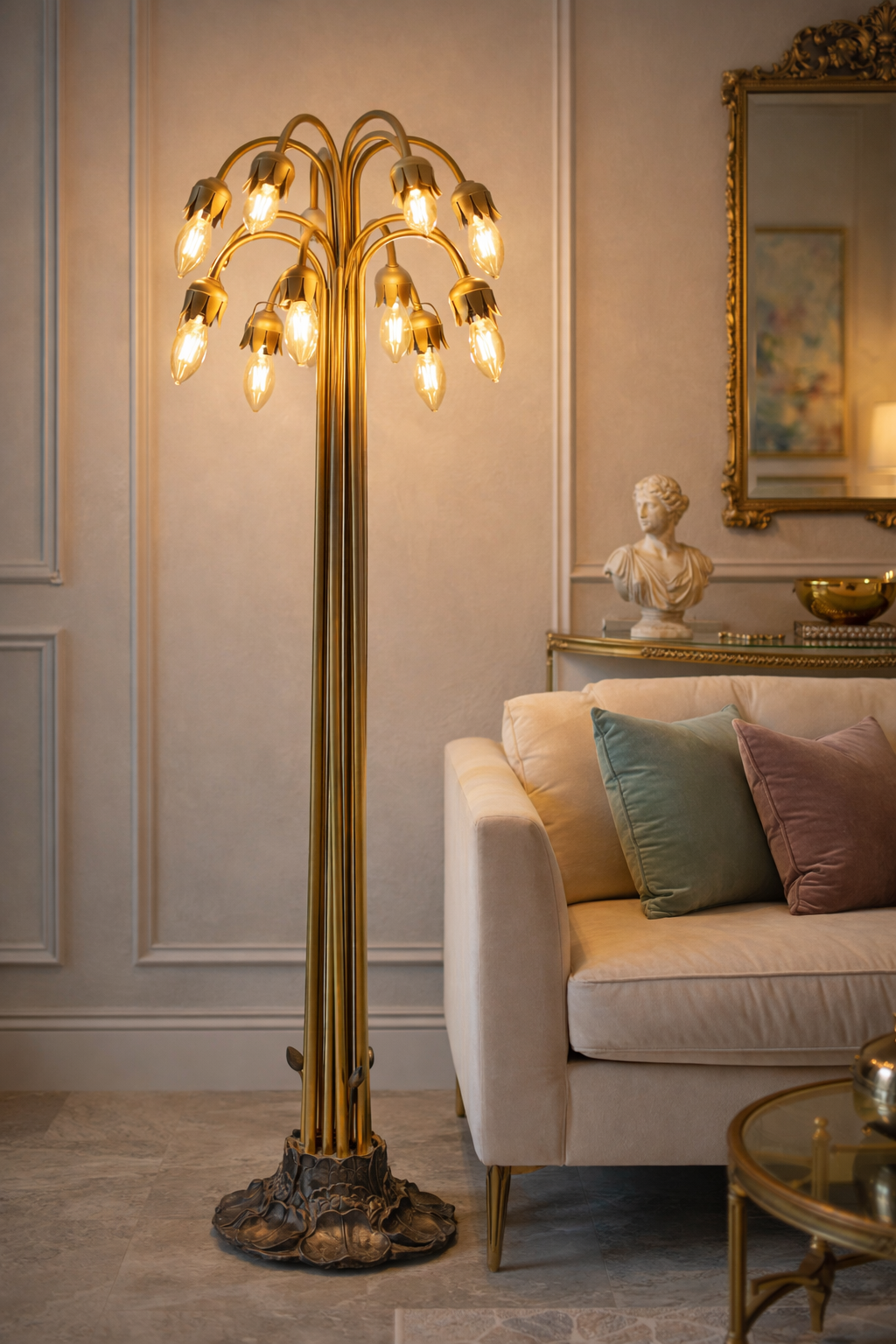 Vintage 1970s Hollywood Regency Brass Tulip Floor Lamp with Lotus Base – Mid Century Modern Waterfall 12-Light Statement Lighting