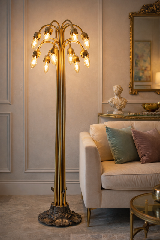 Vintage 1970s Hollywood Regency Brass Tulip Floor Lamp with Lotus Base – Mid Century Modern Waterfall 12-Light Statement Lighting