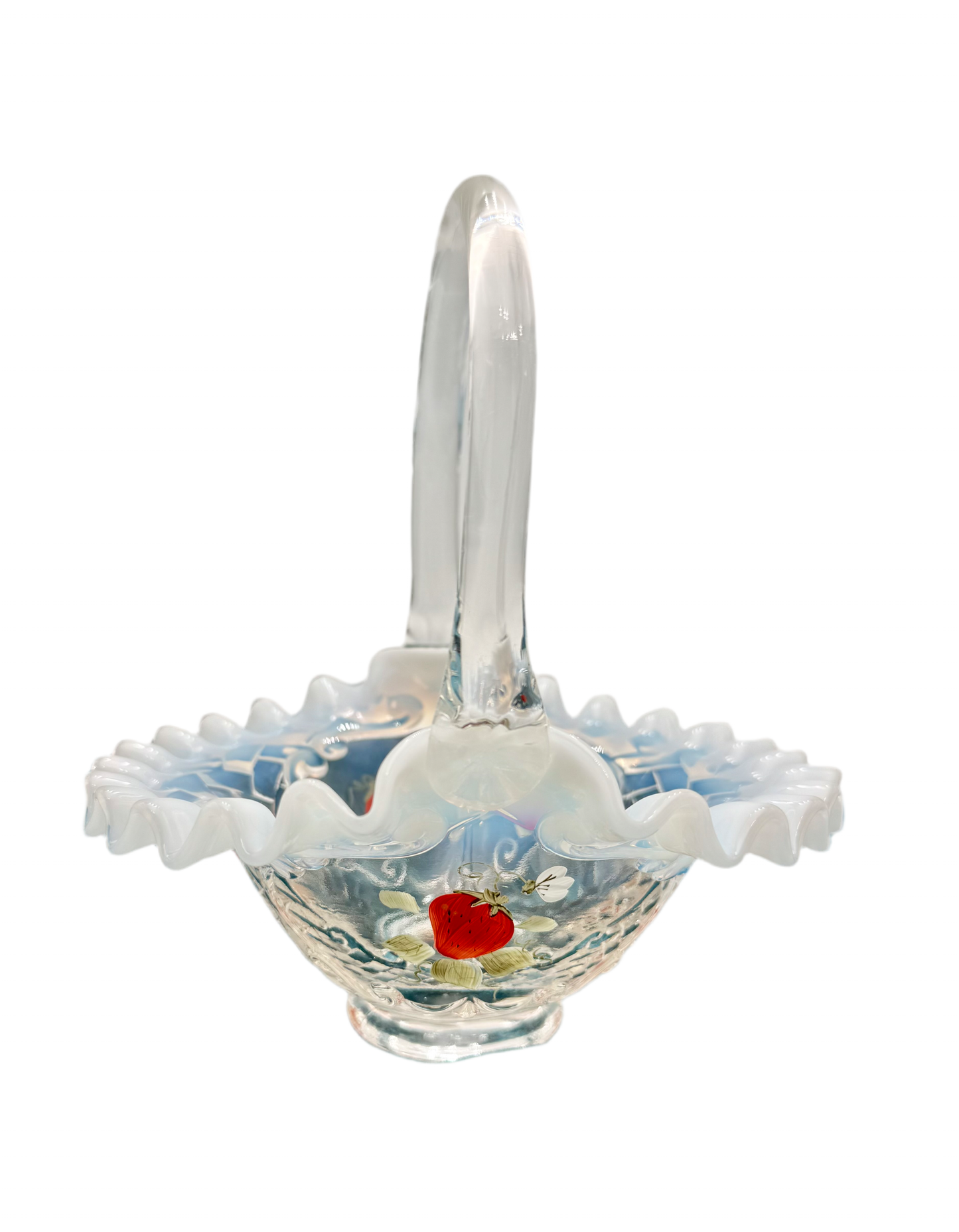 VINTAGE 1980s FENTON HAND-PAINTED STRAWBERRY BASKET – OPALESCENT GLASS WITH RUFFLED EDGE – 8x6.5 IN – EXCELLENT CONDITION