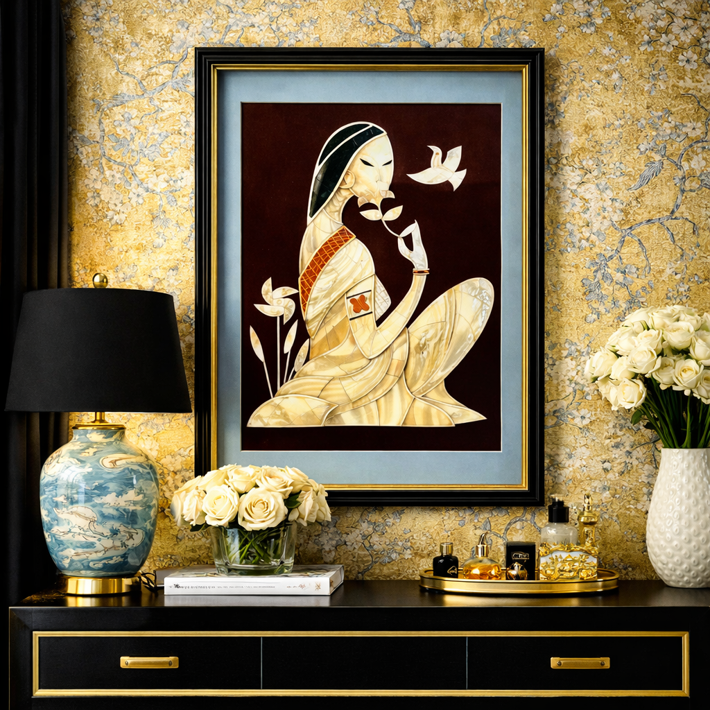 VINTAGE MOTHER OF PEARL WOMAN WITH BIRD – FRAMED SHELL INLAY ART PANEL – 22X16 INCHES