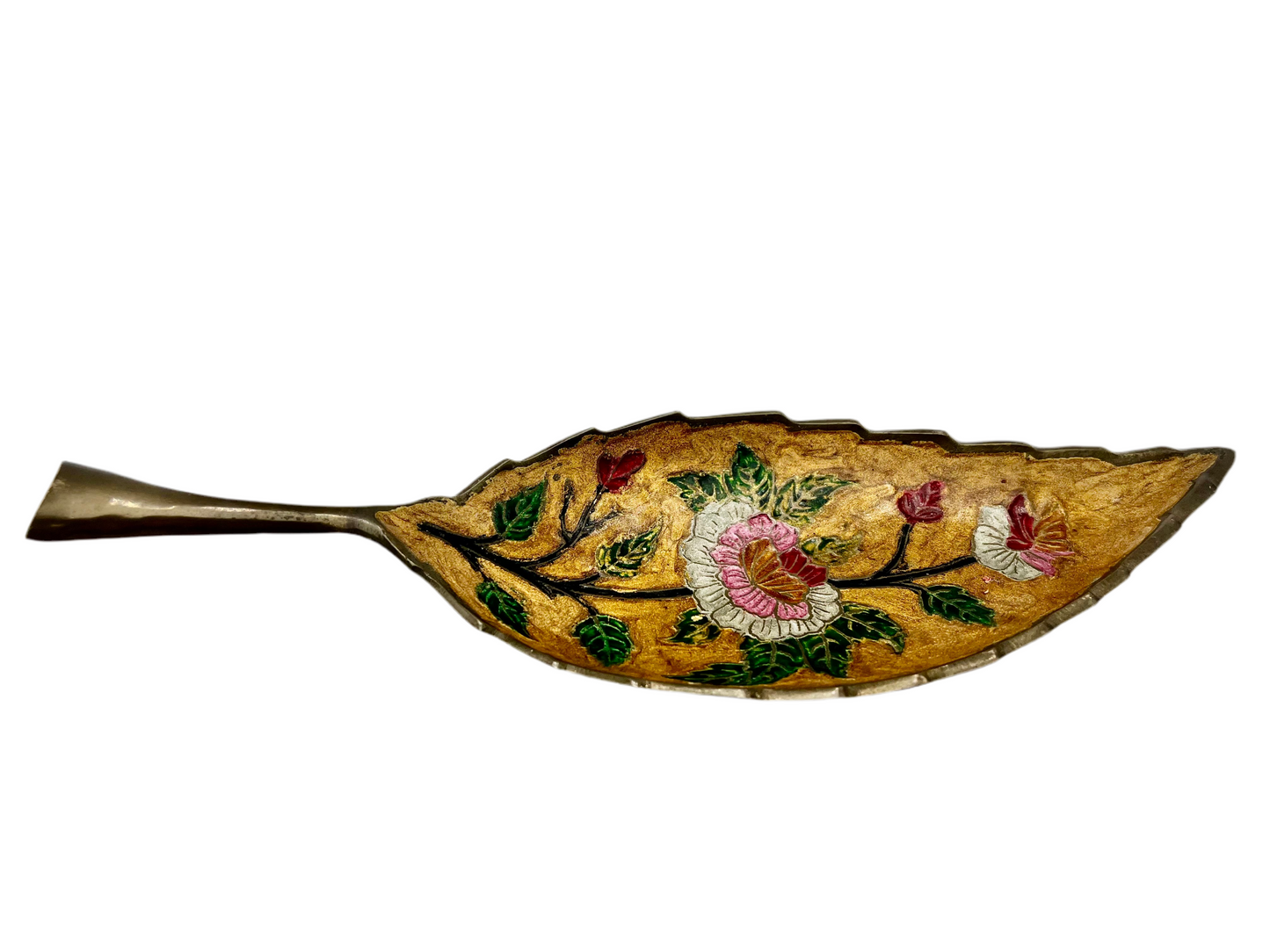 VINTAGE BRASS ENAMEL LEAF DISH WITH HAND-PAINTED FLORAL DESIGN — c. 1960s INDIA