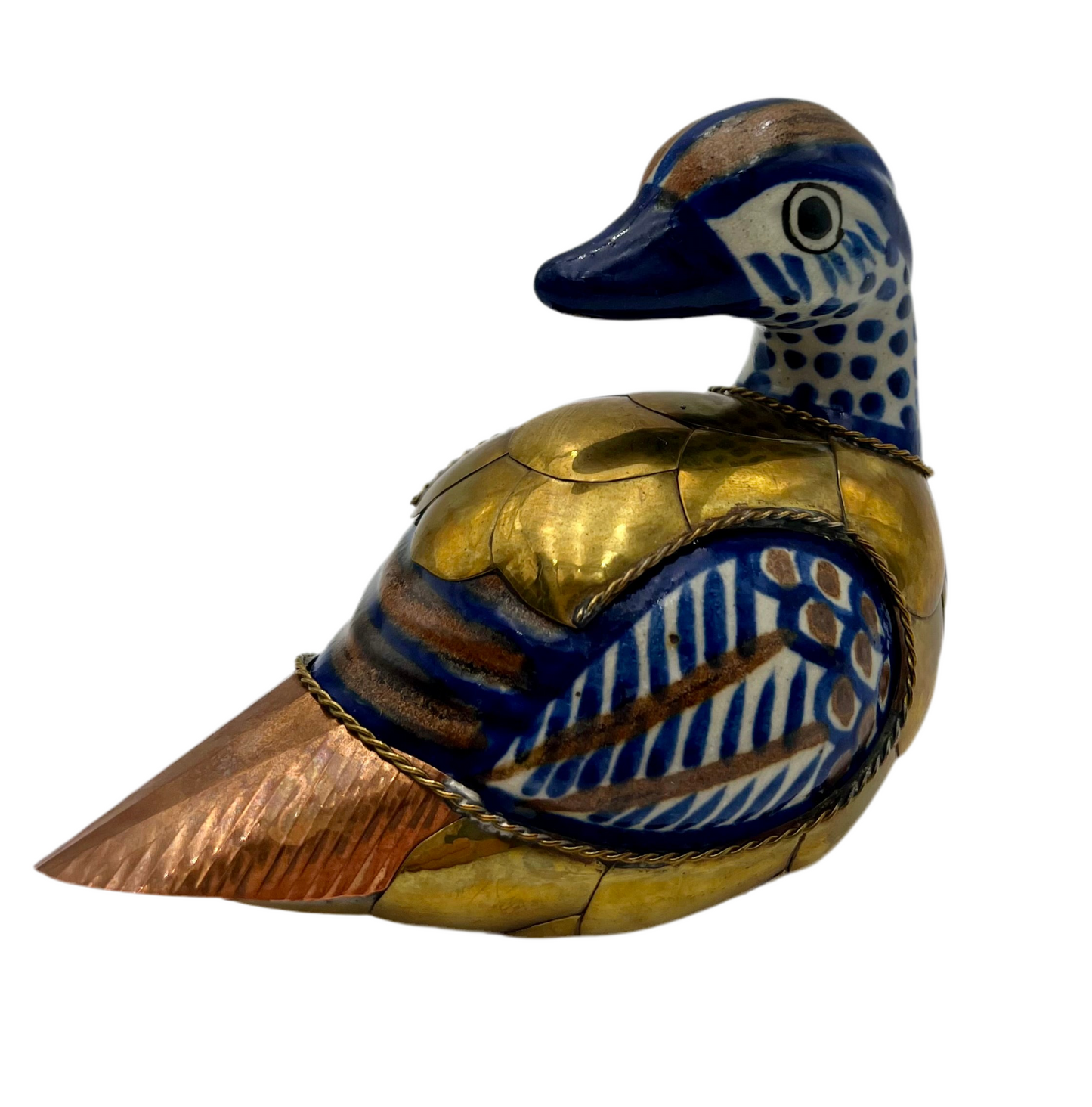 VINTAGE MIXED-METAL & ENAMEL DUCK FIGURINE – CHINESE MID-CENTURY – BRASS, COPPER & HAND-PAINTED CERAMIC – 4.5” x 5.5” – HEAVY 46 OZ DECOR SCULPTURE