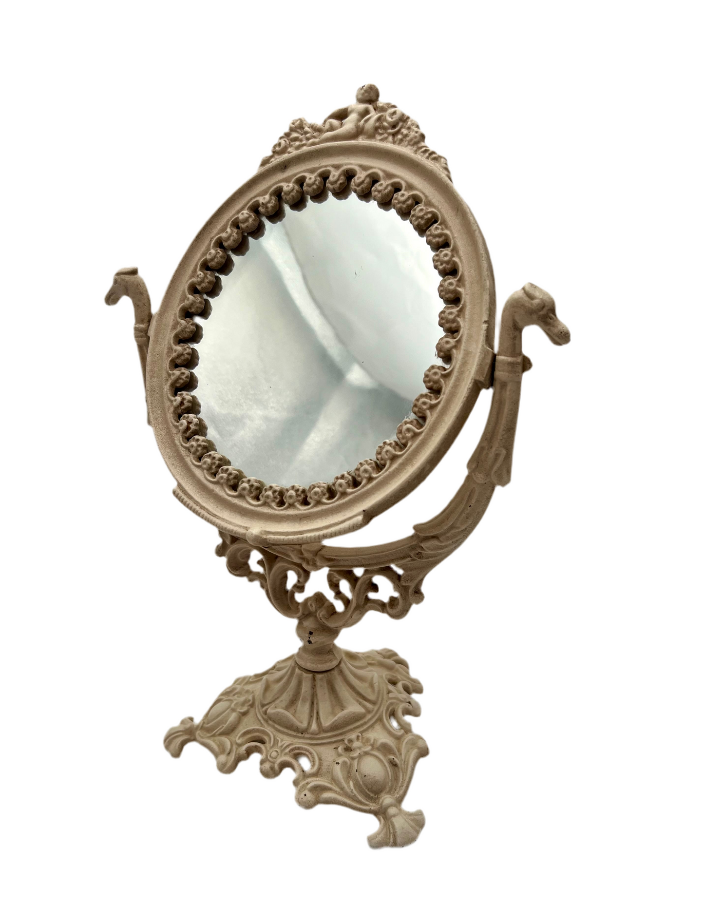 ANTIQUE VANITY TABLE MIRROR WITH DOG HEAD HANDLES & PUTTO CHERUB – ORNATE CAST IRON – 14 ¾ INCH – CIRCA EARLY 1900s