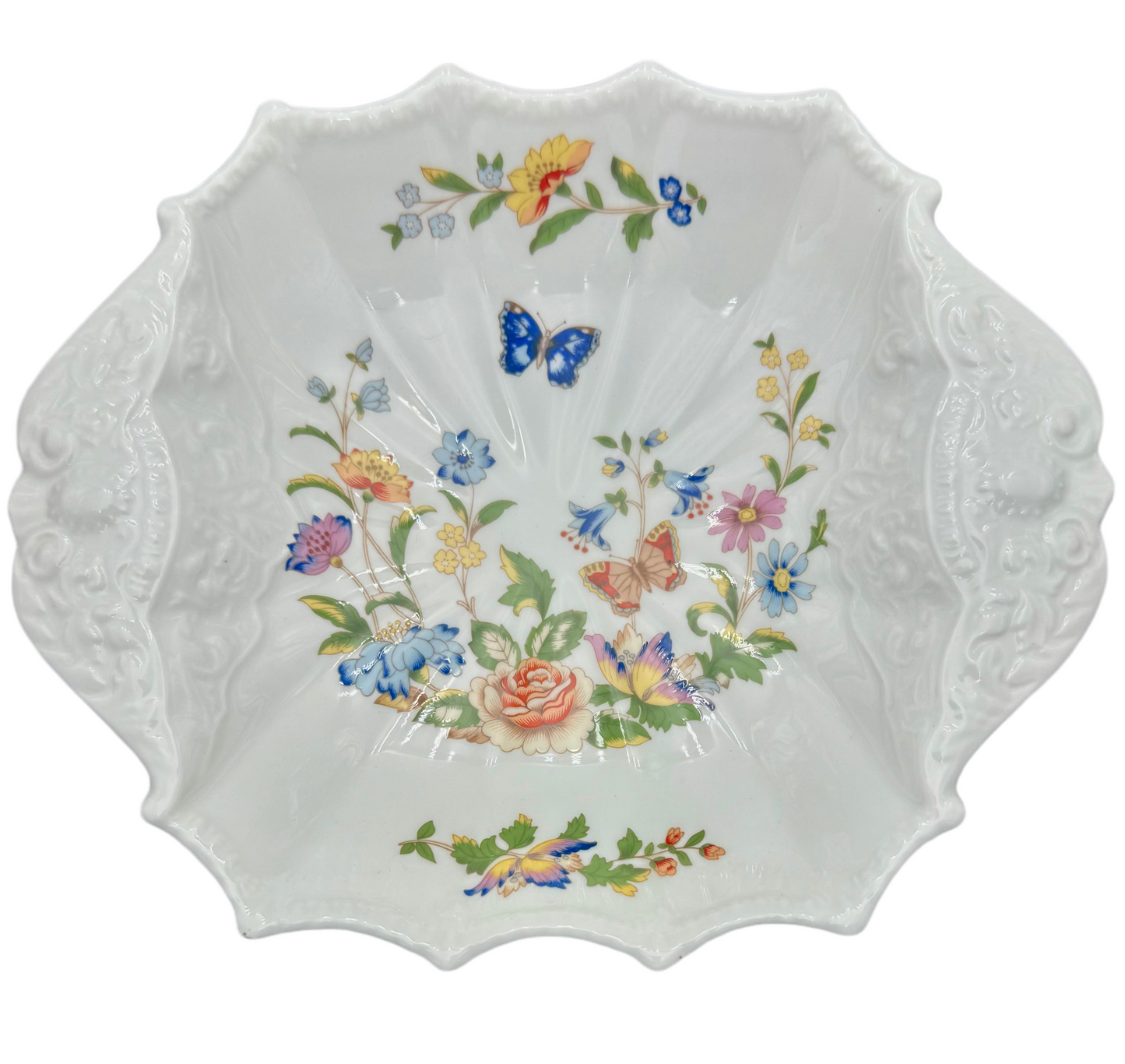 ANSLEY COTTAGE GARDEN SCALLOPED SHELL DISH VINTAGE ENGLISH BONE CHINA FLORAL BUTTERFLY DECORATIVE BOWL