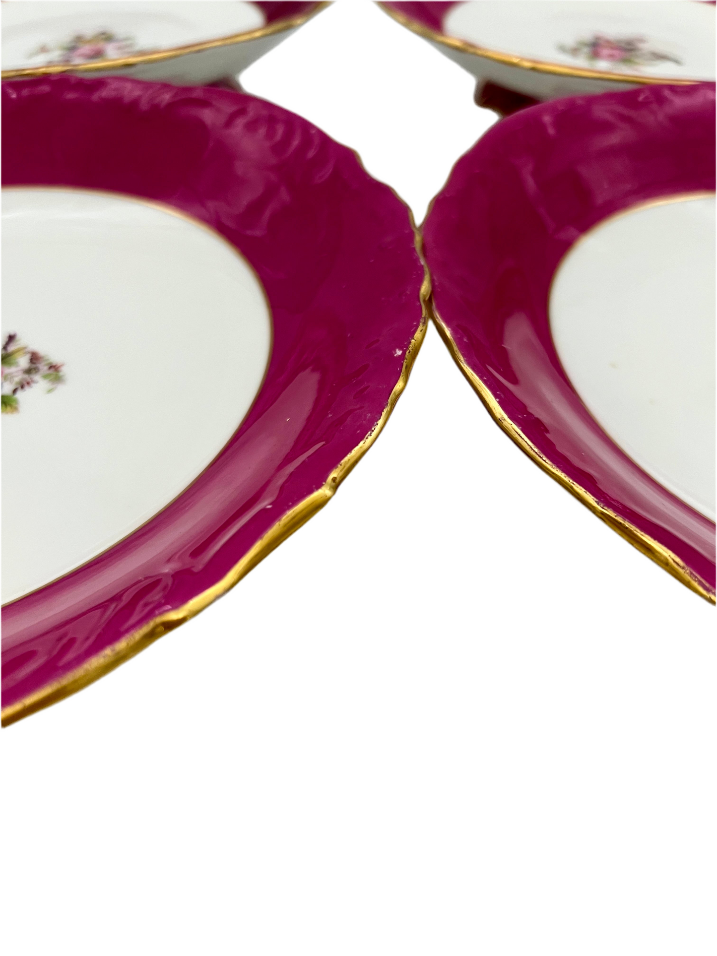 VINTAGE ENGLISH BONE CHINA FUCHSIA FLORAL PEDESTAL PLATES (SET OF 4)