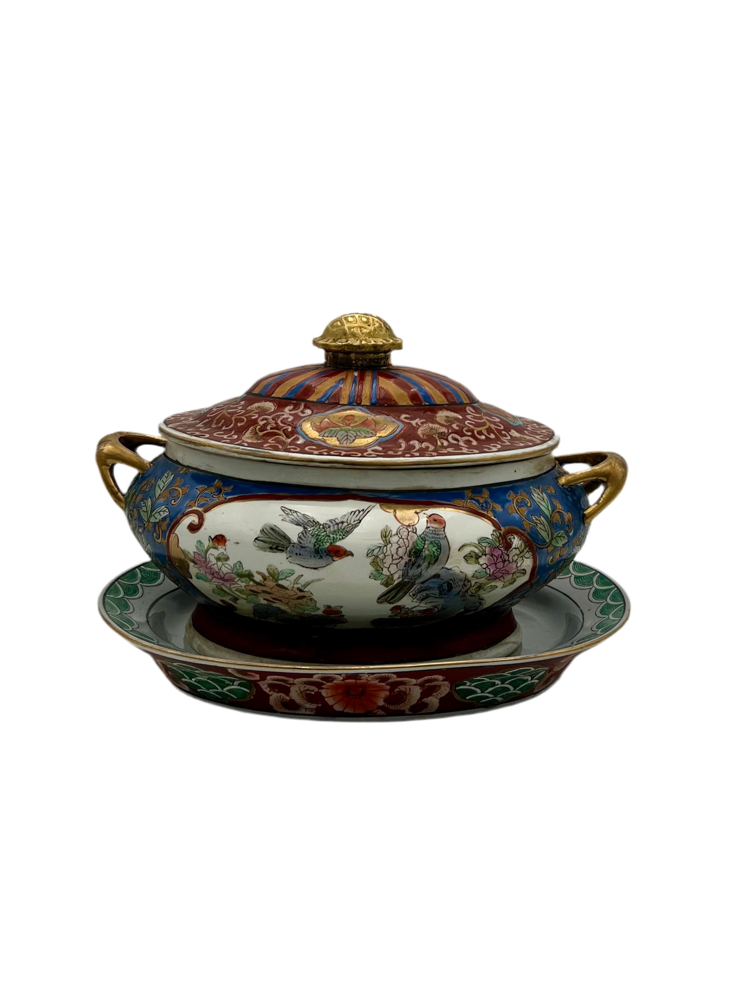 VINTAGE CHINESE PORCELAIN TUREEN WITH UNDERPLATE – BIRDS & FLORALS, GILT FINIAL, QIANLONG APHOCRYPHAL MARK